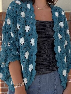 POL Teal Crochet Open-Front Women's Batwing Loosefit Sweater